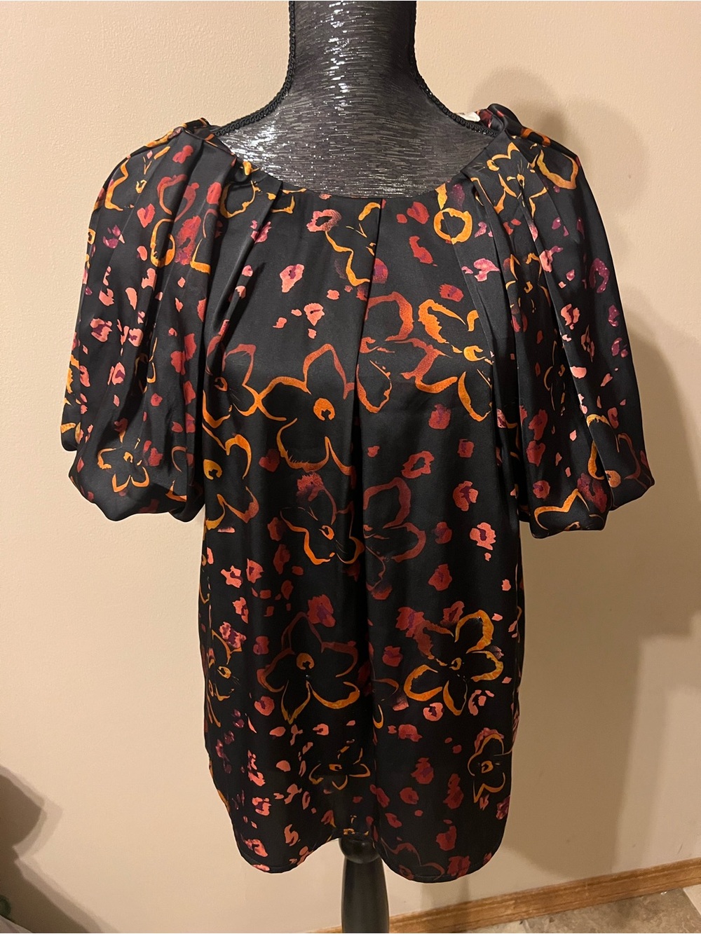 entro Black Floral Blouse with Pink and Orange Accents